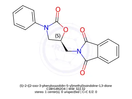 Chemical structure of (S)-2-((2-oxo-3-phenyloxazolidin-5-yl)methyl)isoindoline-1,3-dione