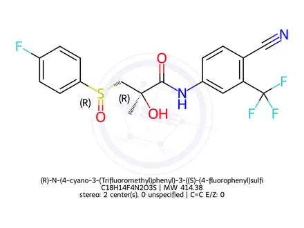 Chemical structure of (R)-N-(4-cyano-3-(Trifluoromethyl)phenyl)-3-((S)-(4-fluorophenyl)sulfinyl)-2-hydroxy-2-methylpropanamide