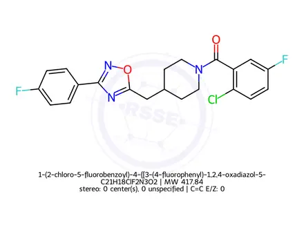 Chemical structure of 1-(2-chloro-5-fluorobenzoyl)-4-{[3-(4-fluorophenyl)-1,2,4-oxadiazol-5-yl]methyl}piperidine