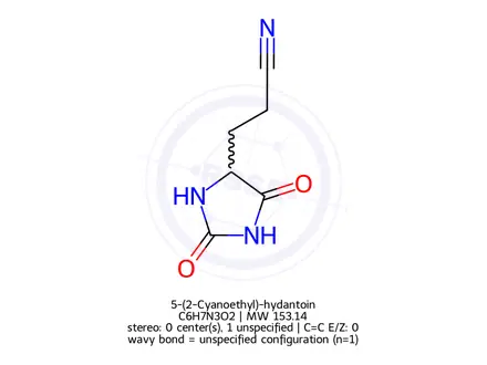 Chemical structure of 5-(2-Cyanoethyl)-hydantoin