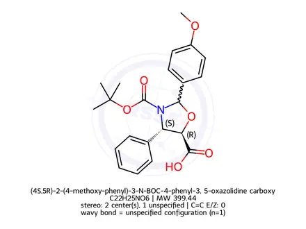 Chemical structure of (4S,5R)-2-(4-methoxy-phenyl)-3-N-BOC-4-phenyl-3, 5-oxazolidine carboxylic acid