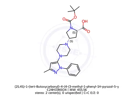 Chemical structure of (2S,4S)-1-(tert-Butoxycarbonyl)-4-(4-(3-methyl-1-phenyl-1H-pyrazol-5-yl)piperazin-1-yl)pyrrolidine-2-carboxylic acid