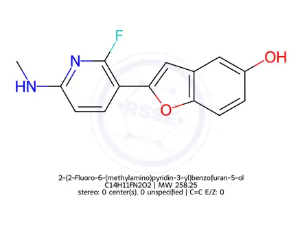 Chemical structure of 2-(2-Fluoro-6-(methylamino)pyridin-3-yl)benzofuran-5-ol