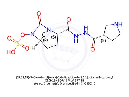 Chemical structure of (1R,2S,5R)-7-Oxo-6-(sulfooxy)-1,6-diazabicyclo[3.2.1]octane-2-carboxylic acid 2-[2-[(3S)-3-pyrrolidinylcarbonyl]hydrazide]