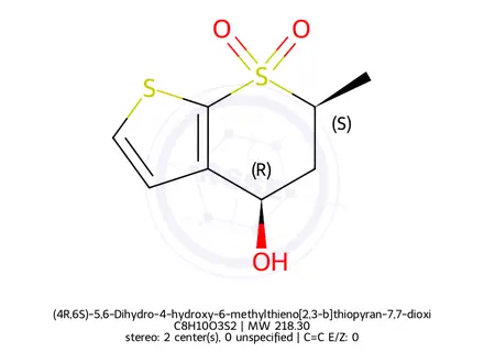 Chemical structure of (4R,6S)-5,6-Dihydro-4-hydroxy-6-methylthieno[2,3-b]thiopyran-7,7-dioxide