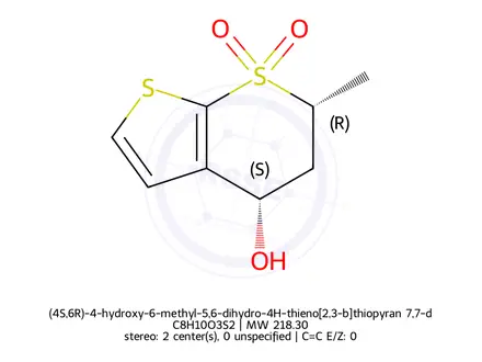 Chemical structure of (4S,6R)-4-hydroxy-6-methyl-5,6-dihydro-4H-thieno[2,3-b]thiopyran 7,7-dioxide