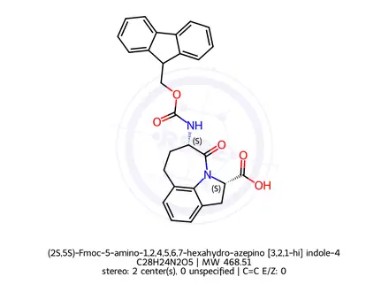 Chemical structure of (2S,5S)-Fmoc-5-amino-1,2,4,5,6,7-hexahydro-azepino [3,2,1-hi] indole-4-one-2-carboxylic acid