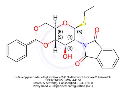 Chemical structure of β-D-Glucopyranoside, ethyl 2-deoxy-2-(1,3-dihydro-1,3-dioxo-2H-isoindol-2-yl)-4,6-O-(phenylmethylene)-1-thio-