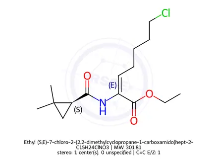 Chemical structure of Ethyl (S,E)-7-chloro-2-(2,2-dimethylcyclopropane-1-carboxamido)hept-2-enoate