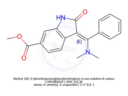 Chemical structure of Methyl (3E)-3-(dimethylamino(phenyl)methylene)-2-oxo-indoline-6-carboxylate
