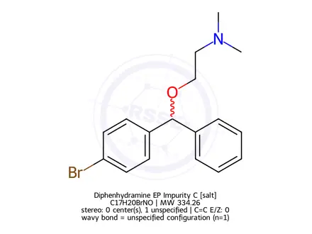 Chemical structure of 2-[(<I>RS</I>)-(4-Bromophenyl)phenylmethoxy]-<I>N</I>,<I>N</I>-dimethylethanamine hydrochloride