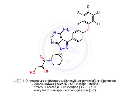 Chemical structure of 1-((R)-3-(4-Amino-3-(4-(phenoxy-D5)phenyl)-1H-pyrazolo[3,4-d]pyrimidin-1-yl)piperidin-1-yl)-2,3-dihydroxypropan-1-one