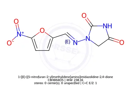 Chemical structure of 1-[(E)-[(5-nitrofuran-2-yl)methylidene]amino]imidazolidine-2,4-dione