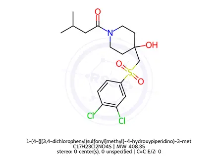 Chemical structure of 1-(4-{[(3,4-dichlorophenyl)sulfonyl]methyl}-4-hydroxypiperidino)-3-methyl-1-butanone