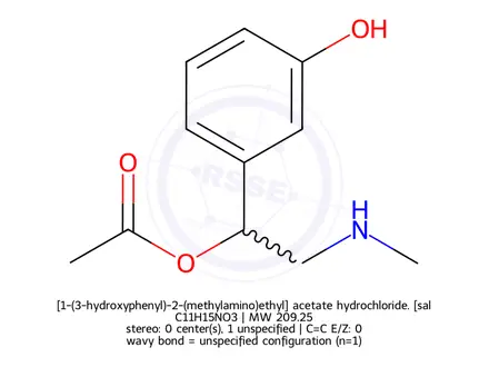 Chemical structure of [1-(3-hydroxyphenyl)-2-(methylamino)ethyl] acetate hydrochloride.