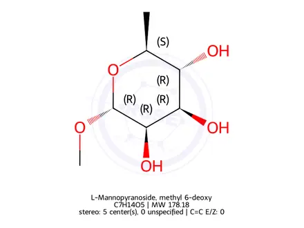 Chemical structure of α-L-Mannopyranoside, methyl 6-deoxy