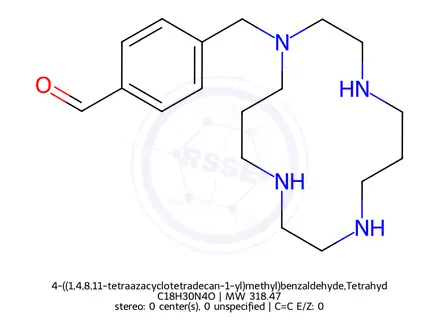 Chemical structure of 4-((1,4,8,11-tetraazacyclotetradecan-1-yl)methyl)benzaldehyde,Tetrahydrochloride