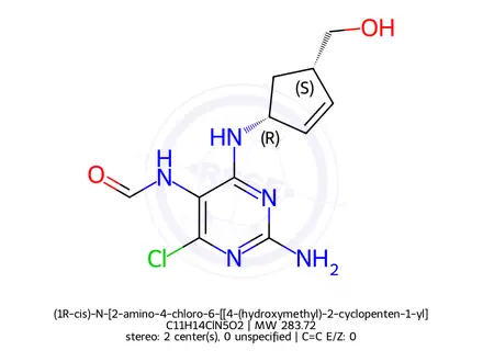Chemical structure of (1R-cis)-N-[2-amino-4-chloro-6-[[4-(hydroxymethyl)-2-cyclopenten-1-yl]amino]-5-pyrimidinyl]-formamide