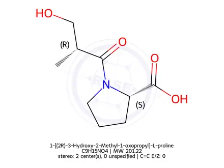 Chemical structure of 1-[(2R)-3-Hydroxy-2-Methyl-1-oxopropyl]-L-proline