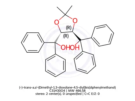 Chemical structure of (-)-trans-a,a'-(Dimethyl-1,3-dioxolane-4,5-diyl)bis(diphenylmethanol)