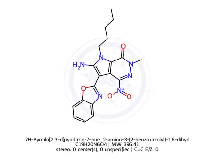 Chemical structure of 7H-Pyrrolo[2,3-d]pyridazin-7-one, 2-amino-3-(2-benzoxazolyl)-1,6-dihydro-6-methyl-4-nitro-1-pentyl-