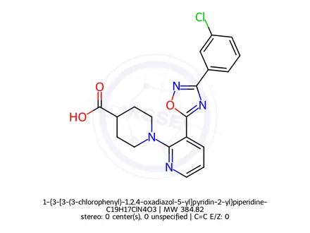 Chemical structure of 1-{3-[3-(3-chlorophenyl)-1,2,4-oxadiazol-5-yl]pyridin-2-yl}piperidine-4-carboxylic acid