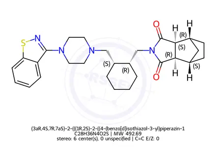 Chemical structure of (3aR,4S,7R,7aS)-2-(((1R,2S)-2-((4-(benzo[d]isothiazol-3-yl)piperazin-1-yl)methyl)cyclohexyl)methyl)hexahydro-1H-4,7-methanoisoindole-1,3(2H)-dione