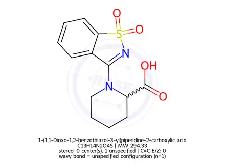 Chemical structure of 1-(1,1-Dioxo-1,2-benzothiazol-3-yl)piperidine-2-carboxylic acid