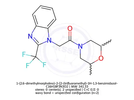Chemical structure of 1-(2,6-dimethylmorpholino)-2-[2-(trifluoromethyl)-1H-1,3-benzimidazol-1-yl]-1-ethanone