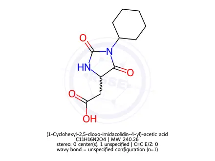 Chemical structure of (1-Cyclohexyl-2,5-dioxo-imidazolidin-4-yl)-acetic acid
