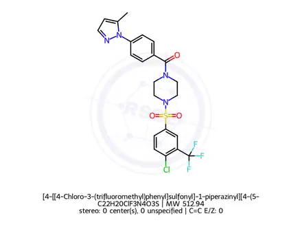 Chemical structure of [4-[[4-Chloro-3-(trifluoromethyl)phenyl]sulfonyl]-1-piperazinyl][4-(5-methyl-1H-pyrazol-1-yl)phenyl]methanone