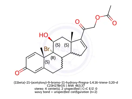 Chemical structure of (11beta)-21-(acetyloxy)-9-bromo-11-hydroxy-Pregna-1,4,16-triene-3,20-dione