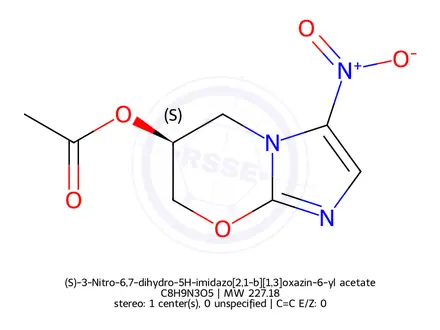 Chemical structure of (S)-3-Nitro-6,7-dihydro-5H-imidazo[2,1-b][1,3]oxazin-6-yl acetate