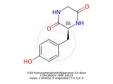 Chemical structure of 3-[(4-hydroxyphenyl)methyl]piperazine-2,5-dione