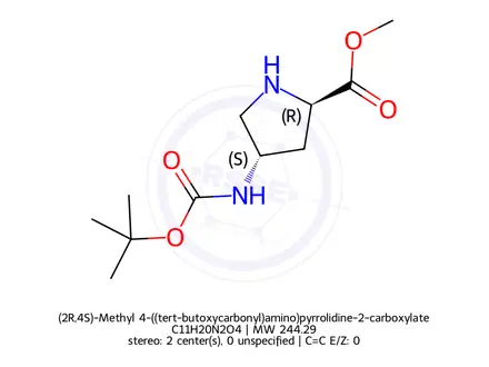 Chemical structure of (2R,4S)-Methyl 4-((tert-butoxycarbonyl)amino)pyrrolidine-2-carboxylate hydrochloride