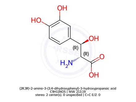 Chemical structure of (2R,3R)-2-amino-3-(3,4-dihydroxyphenyl)-3-hydroxypropanoic acid