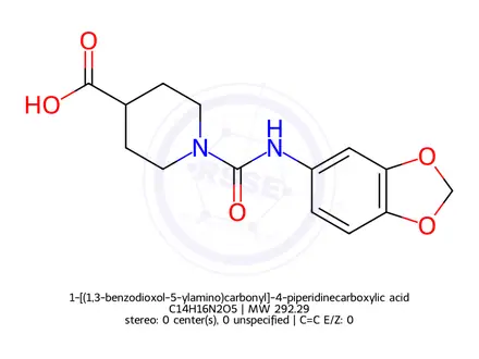 Chemical structure of 1-[(1,3-benzodioxol-5-ylamino)carbonyl]-4-piperidinecarboxylic acid