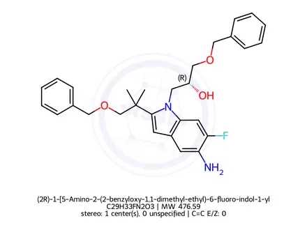 Chemical structure of (2R)-1-[5-Amino-2-(2-benzyloxy-1,1-dimethyl-ethyl)-6-fluoro-indol-1-yl]-3-benzyloxy-propan-2-ol