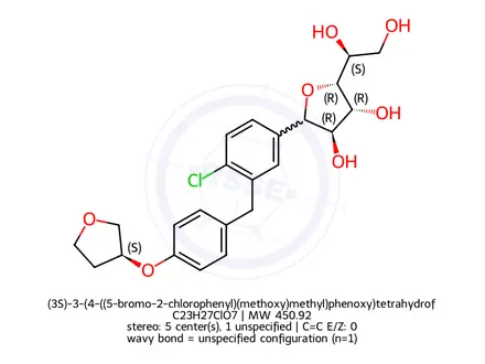 Chemical structure of (3S)-3-(4-((5-bromo-2-chlorophenyl)(methoxy)methyl)phenoxy)tetrahydrofuran