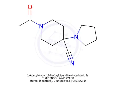 Chemical structure of 1-Acetyl-4-pyrrolidin-1-ylpiperidine-4-carbonitrile