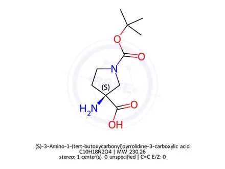 Chemical structure of (S)-3-Amino-1-(tert-butoxycarbonyl)pyrrolidine-3-carboxylic acid