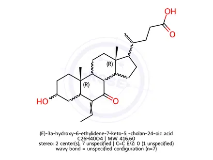 Chemical structure of (E)-3a-hydroxy-6-ethylidene-7-keto-5ß-cholan-24-oic acid