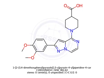 Chemical structure of 1-[2-(3,4-dimethoxyphenyl)pyrazolo[1,5-a]pyrazin-4-yl]piperidine-4-carboxylic acid