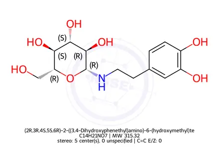 Chemical structure of (2R,3R,4S,5S,6R)-2-((3,4-Dihydroxyphenethyl)amino)-6-(hydroxymethyl)tetrahydro-2H-pyran-3,4,5-triol