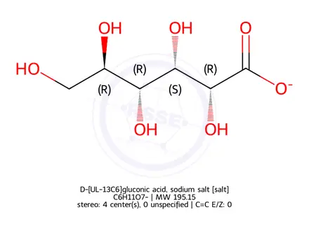Chemical structure of D-[1,3-13C2]gluconic acid,potassium salt
