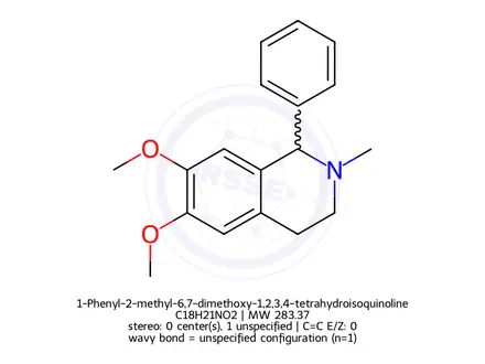 Chemical structure of 1-Phenyl-2-methyl-6,7-dimethoxy-1,2,3,4-tetrahydroisoquinoline