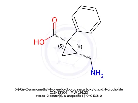 Chemical structure of (+)-Cis-2-aminomethyl-1-phenylcyclopropanecarboxylic acid.Hydrocholide