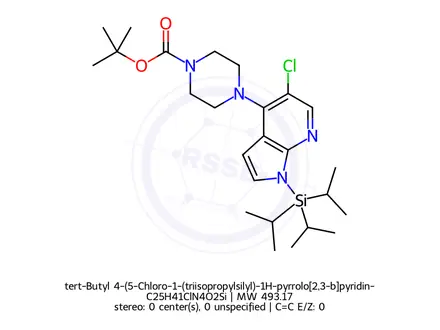 Chemical structure of tert-Butyl 4-(5-Chloro-1-(triisopropylsilyl)-1H-pyrrolo[2,3-b]pyridin-4-yl)piperazine-1-carboxylate