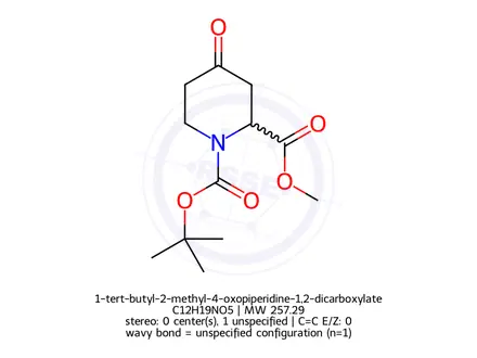 Chemical structure of 1-tert-butyl-2-methyl-4-oxopiperidine-1,2-dicarboxylate
