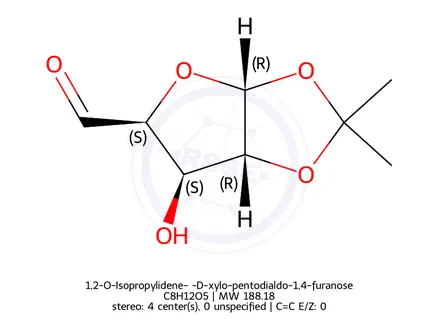 Chemical structure of 1,2-O-isopropylidene-α-D-xylopentodialdo-1,4-furanose